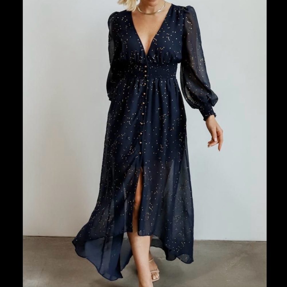 Soieblu Semi Sheer High Low Lined Maxi Dress Navy Button Up Sparkly Gold Dots L